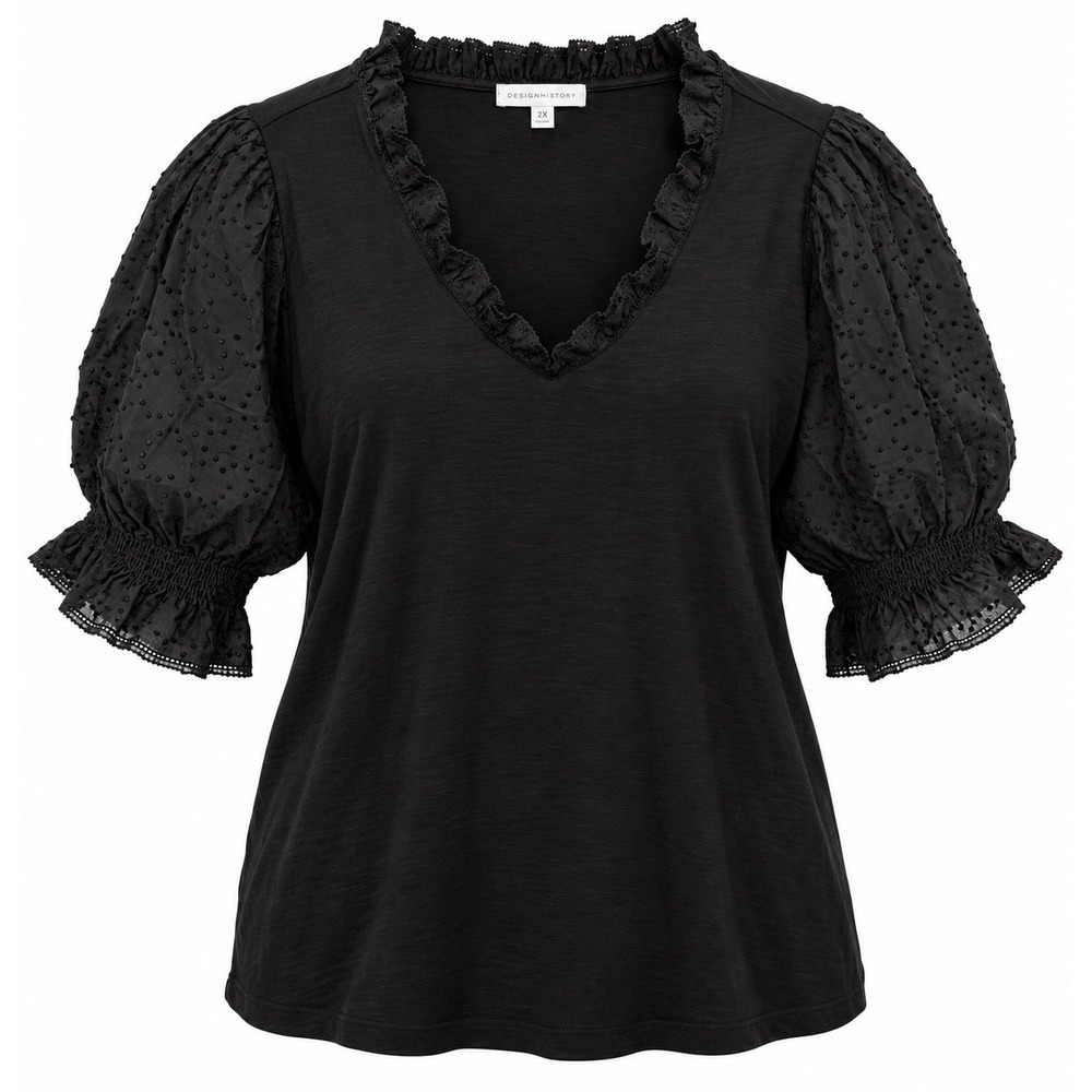 Design History Daphne Mixed Media V-Neck Top Black Eyelet Puff Sleeve 2X NEW